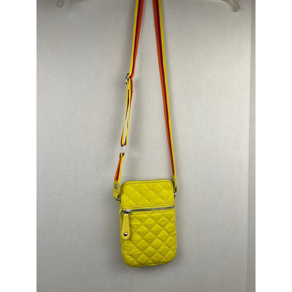 Sondra Roberts Squared Yellow Quilted Nylon Crossbody Phone Bag Striped Strap